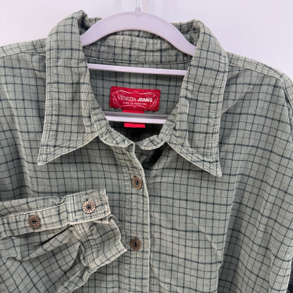 Venezia Button Down‎ Women 22/24 Green Plaid Corduroy Oversized Utility Grunge - Picture 3 of 6